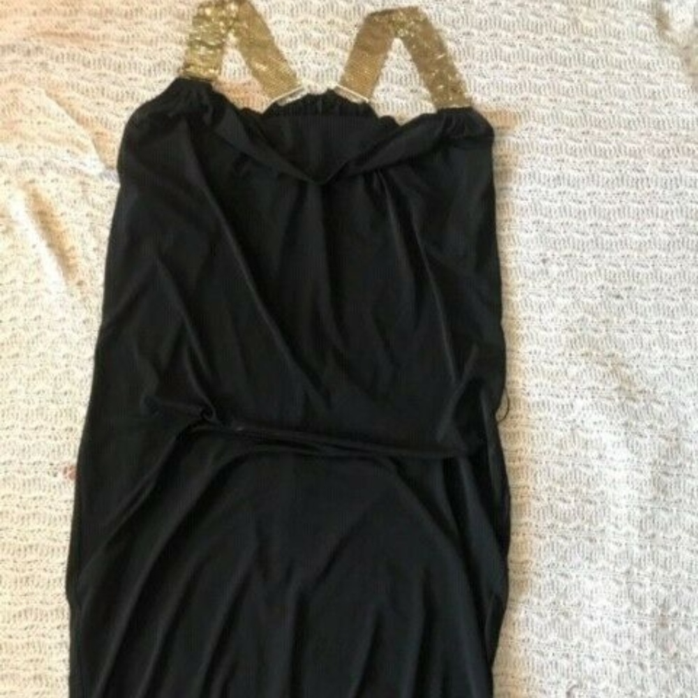 MK Gold Metal Halter Jersey Black Dress